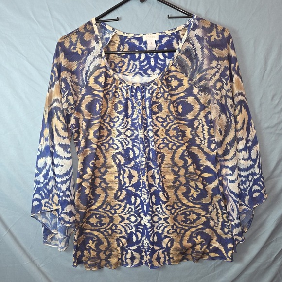 Chico's Tops - Chicos Sheer Ikat Damask Print Blouse Blue Tan Bell Sleeve Top Size 1 Medium